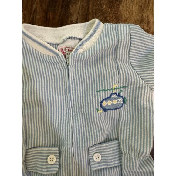 Vintage Buster Brown Blue White Stripe seersucker Jumpsuit Size 3-6 Mths 80s 90s - Picture 4 of 7